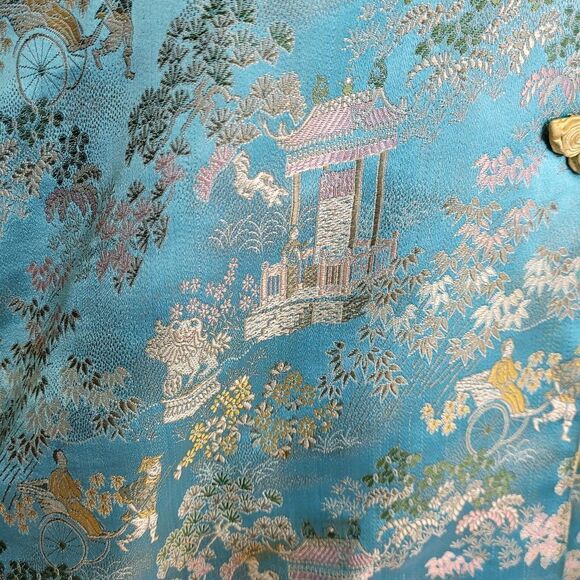 VINTAGE 70s Asian frog closure blue split sleeve traditional brocade top M - Picture 5 of 11